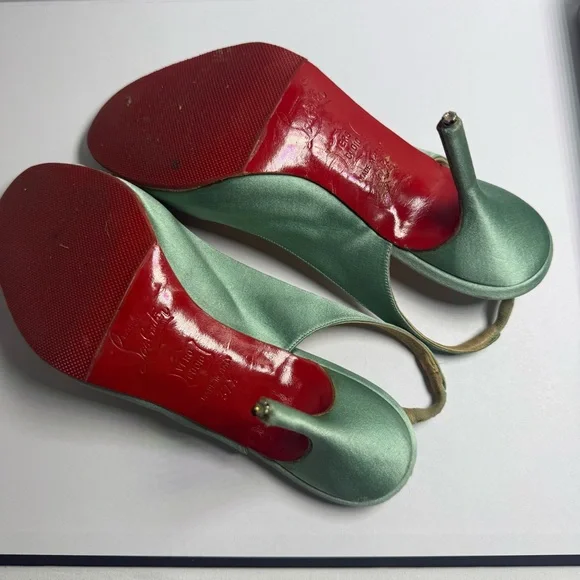 Christian Louboutin Red Bottom Teal Satin Slingback Peep Toe Heels Size 37.5 - Picture 10 of 11
